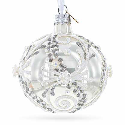 Snow Swirls on White Glass Ball Christmas Ornament 3.25 Inches