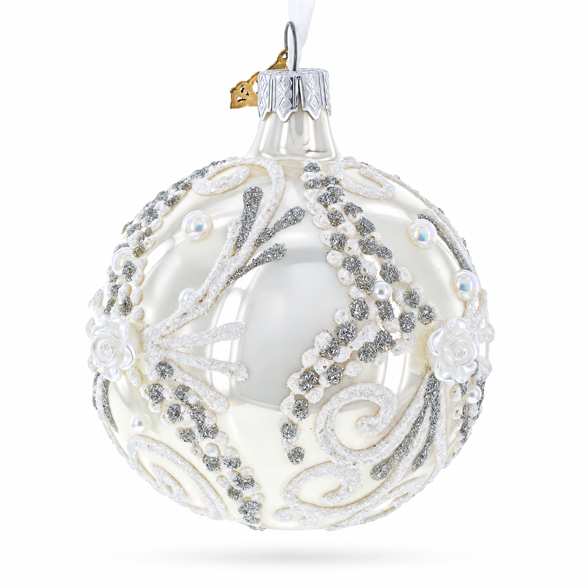 Snow Swirls on White Glass Ball Christmas Ornament 3.25 Inches