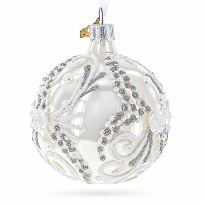 Snow Swirls on White Glass Ball Christmas Ornament 3.25 Inches