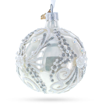 Snow Swirls on White Glass Ball Christmas Ornament 3.25 Inches