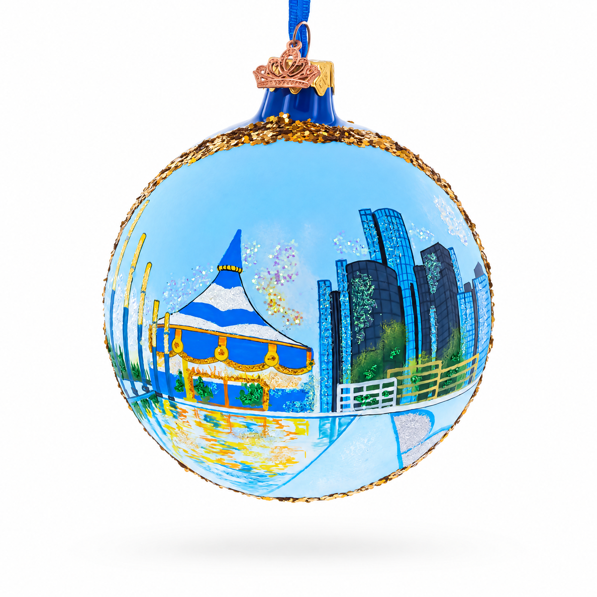Detroit Riverfront, Detroit, Michigan Glass Ball Christmas Ornament 4 Inches