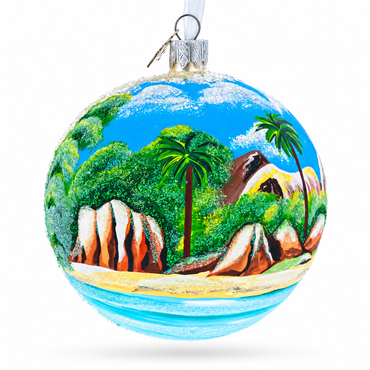Seychelles on Indian Ocean Glass Ball Christmas Ornament 4 Inches