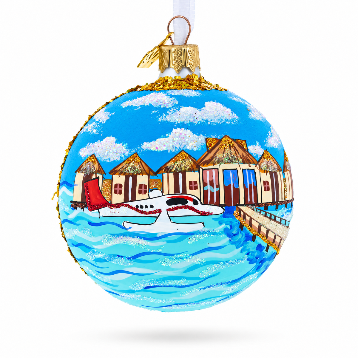 Maldives Resort Glass Ball Christmas Ornament 3.25 Inches