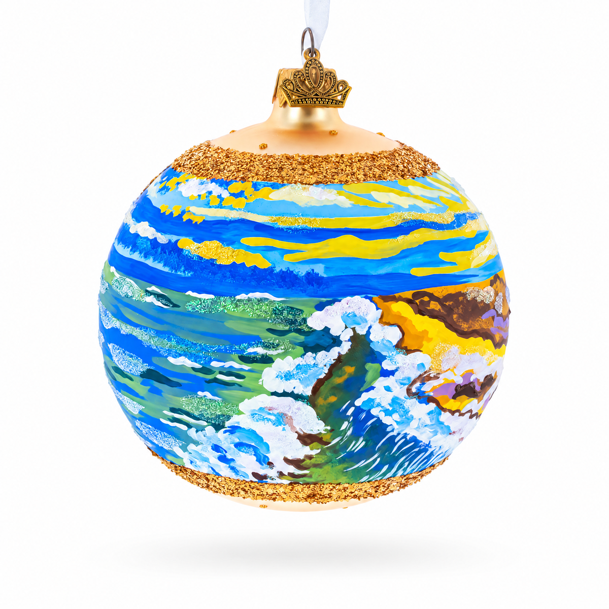Sunset at the Ocean Painting Glass Ball Christmas Ornament 4 Inches