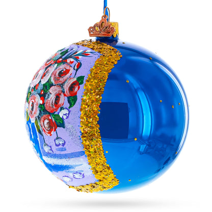 Vase of Roses Painting Glass Ball Christmas Ornament 4 Inches
