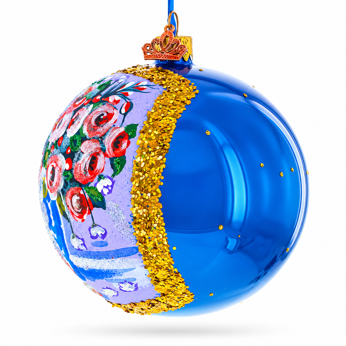 Vase of Roses Painting Glass Ball Christmas Ornament 4 Inches