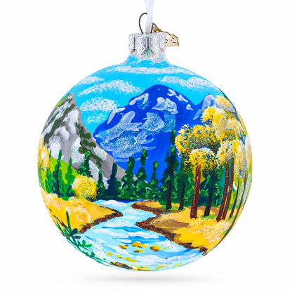 Mountain River Painting Glass Ball Christmas Ornament 4 Inches