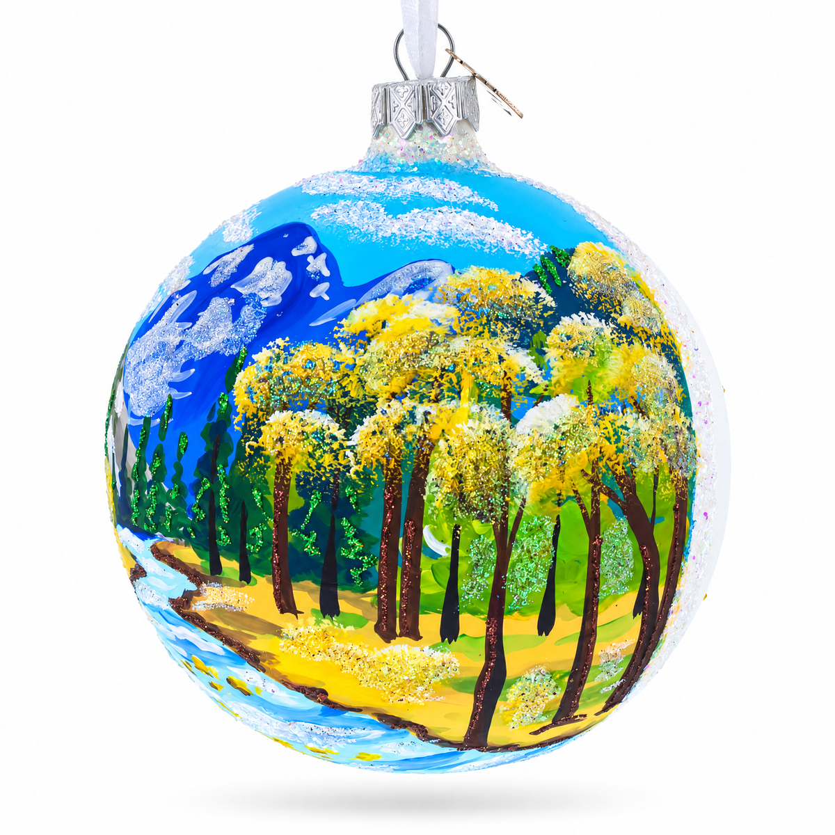 Mountain River Painting Glass Ball Christmas Ornament 4 Inches