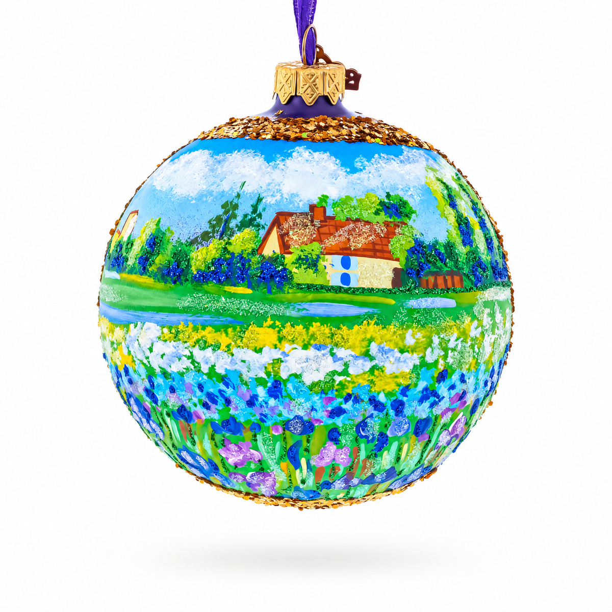 Iris Field Painting Glass Ball Christmas Ornament 4 Inches