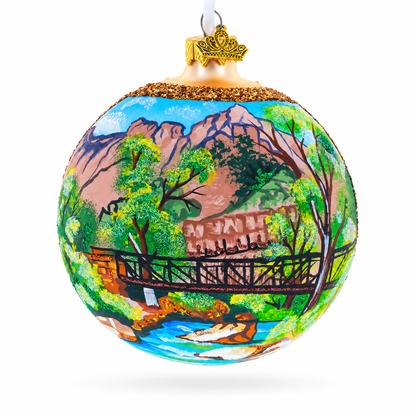 Bridge in the Mountain Park Painting Glass Ball Christmas Ornament 4 Inches