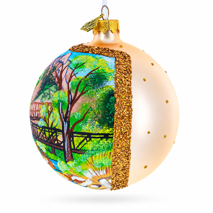 Bridge in the Mountain Park Painting Glass Ball Christmas Ornament 4 Inches