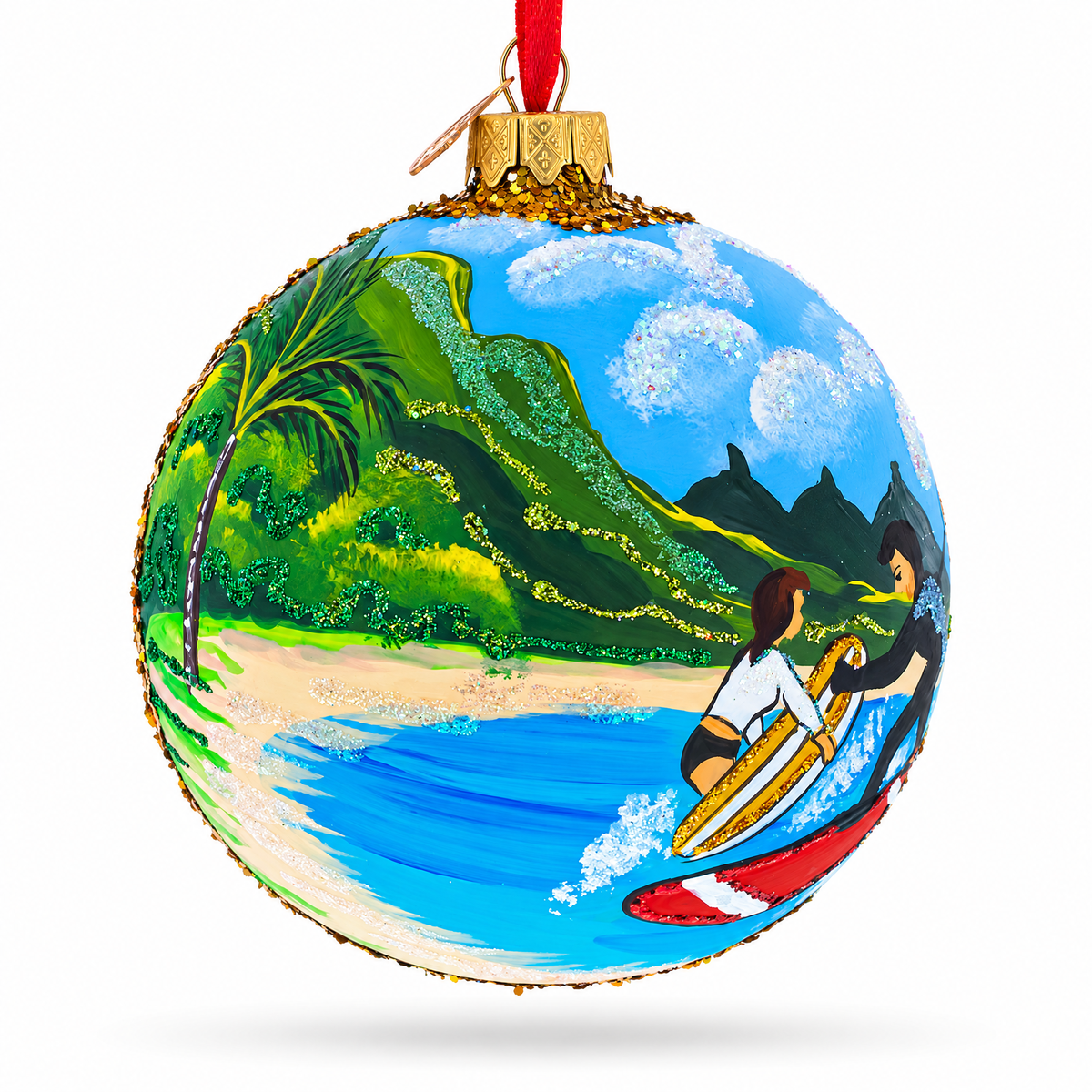 Surfers at Hawaii Beach Glass Ball Christmas Ornament 4 Inches