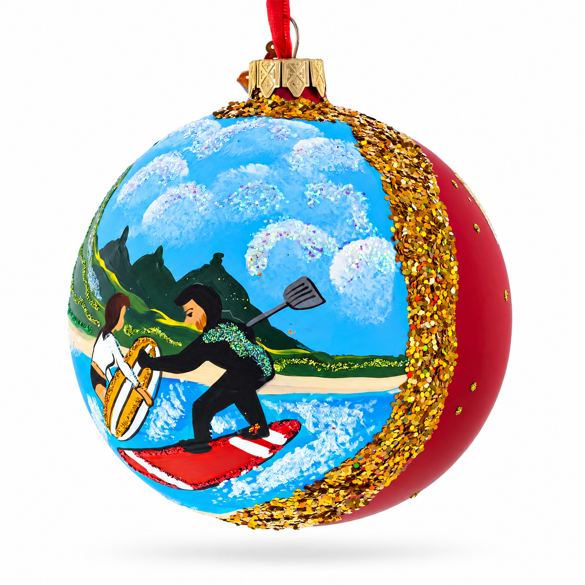 Surfers at Hawaii Beach Glass Ball Christmas Ornament 4 Inches
