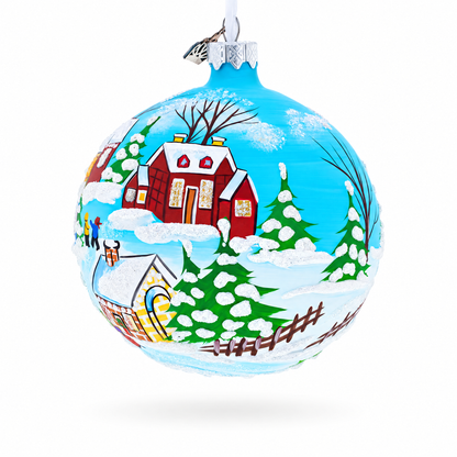 Children Playing in the Winter Village Glass Ball Christmas Ornament 4 Inches