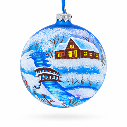 Winter Village by the River Glass Ball Christmas Ornament 4 Inches