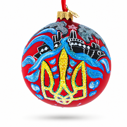 Ukrainian Tryzub Glass Ball Christmas Ornament 4 Inches