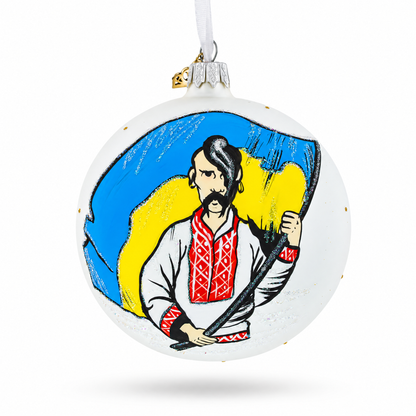 Kozak Carrying Ukrainian Flag Glass Ball Christmas Ornament 4 Inches