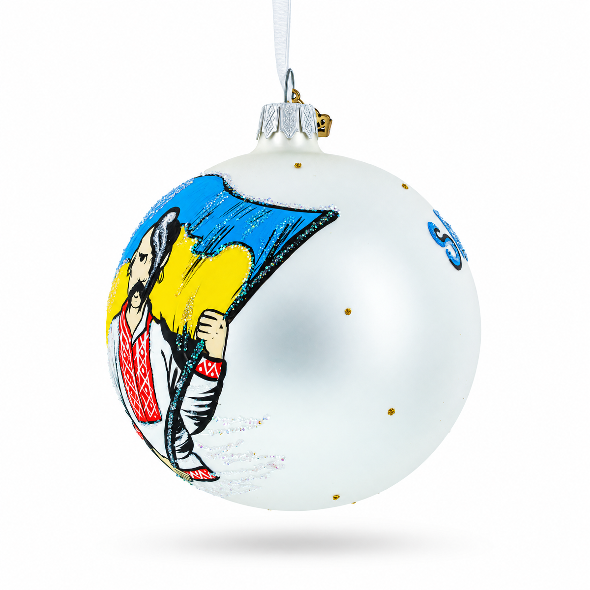 Kozak Carrying Ukrainian Flag Glass Ball Christmas Ornament 4 Inches
