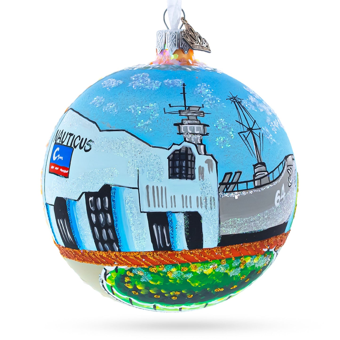 Battleship Wisconsin at Nautilus, Norfolk, Virginia, USA Glass Ball Christmas Ornament 4 Inches