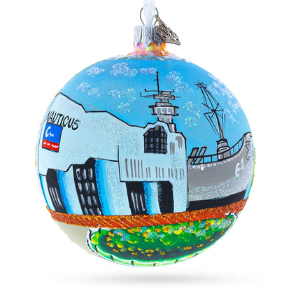 Battleship Wisconsin at Nautilus, Norfolk, Virginia, USA Glass Ball Christmas Ornament 4 Inches