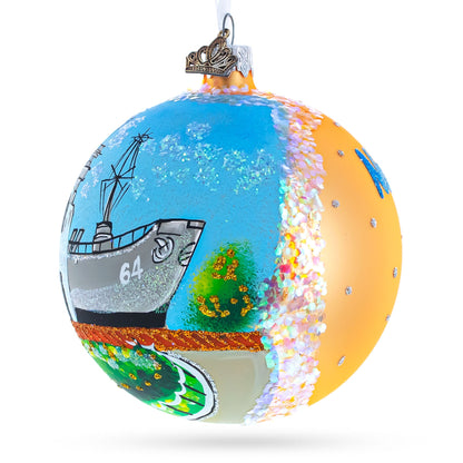 Battleship Wisconsin at Nautilus, Norfolk, Virginia, USA Glass Ball Christmas Ornament 4 Inches