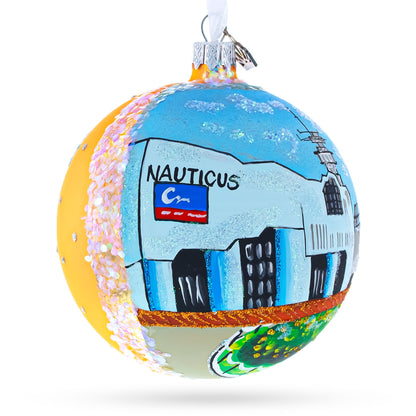 Battleship Wisconsin at Nautilus, Norfolk, Virginia, USA Glass Ball Christmas Ornament 4 Inches