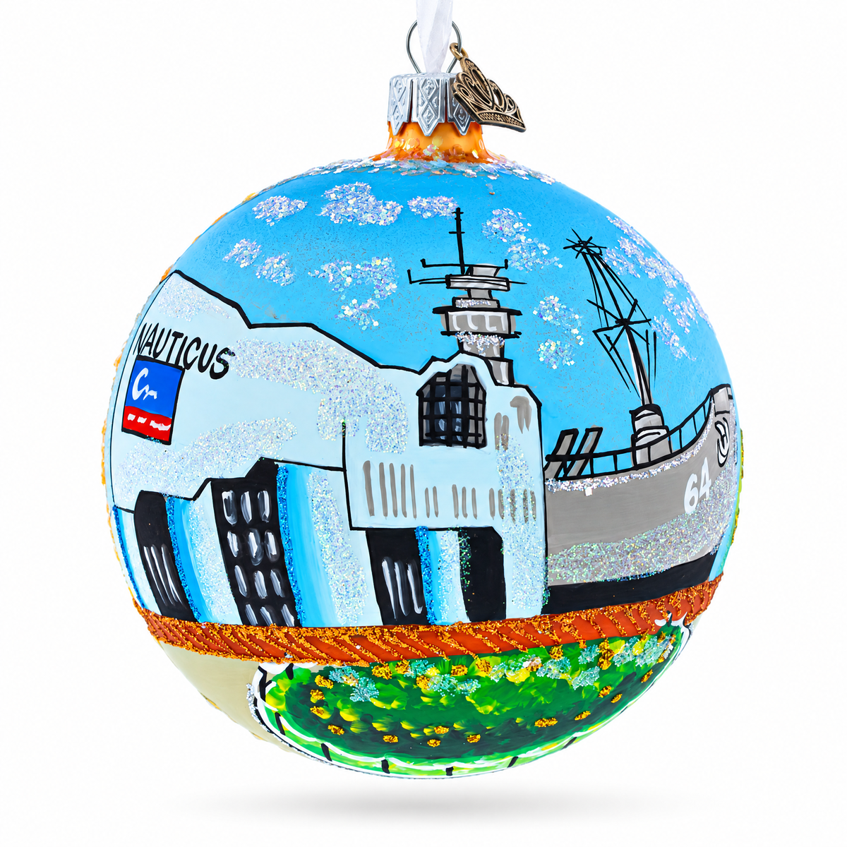 Battleship Wisconsin at Nautilus, Norfolk, Virginia Glass Ball Christmas Ornament 4 Inches