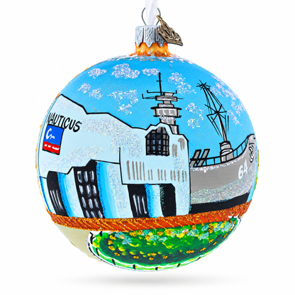 Battleship Wisconsin at Nautilus, Norfolk, Virginia Glass Ball Christmas Ornament 4 Inches
