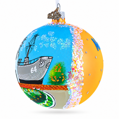 Battleship Wisconsin at Nautilus, Norfolk, Virginia Glass Ball Christmas Ornament 4 Inches