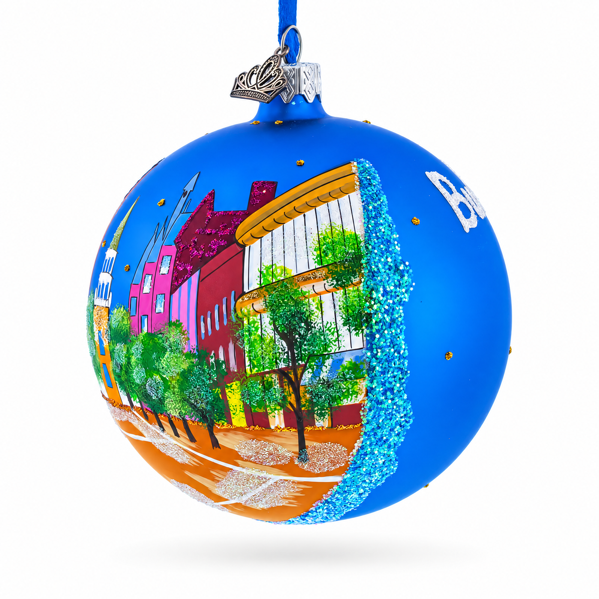 Church Street Marketplace, Burlington, Vermont Glass Ball Christmas Ornament 4 Inches