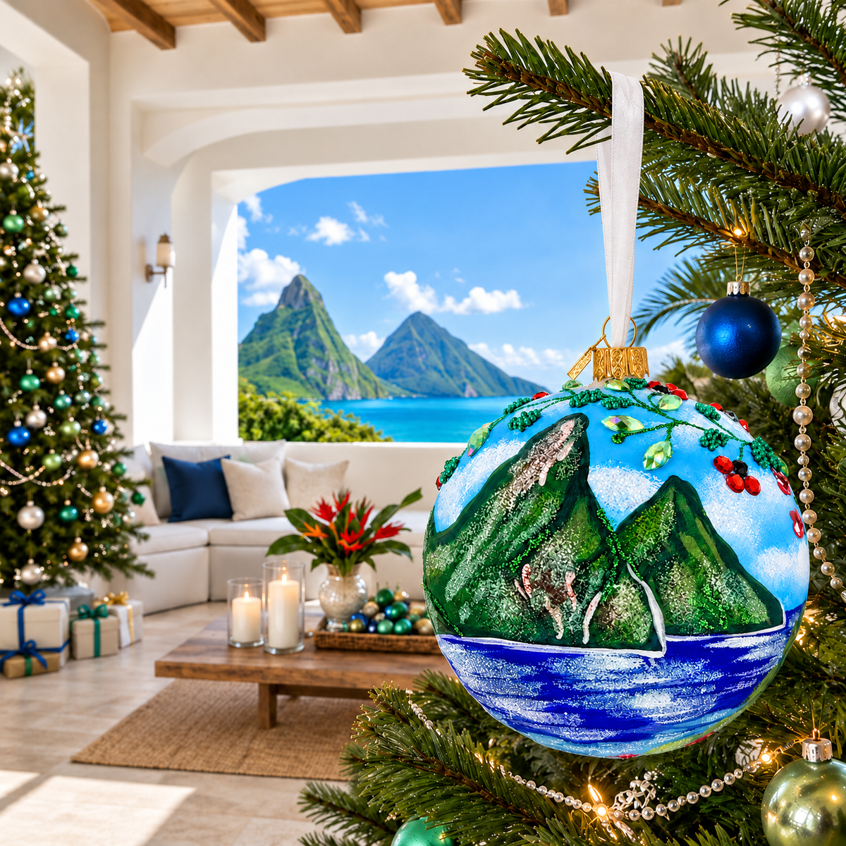 The Pitons, St. Lucia Glass Ball Christmas Ornament