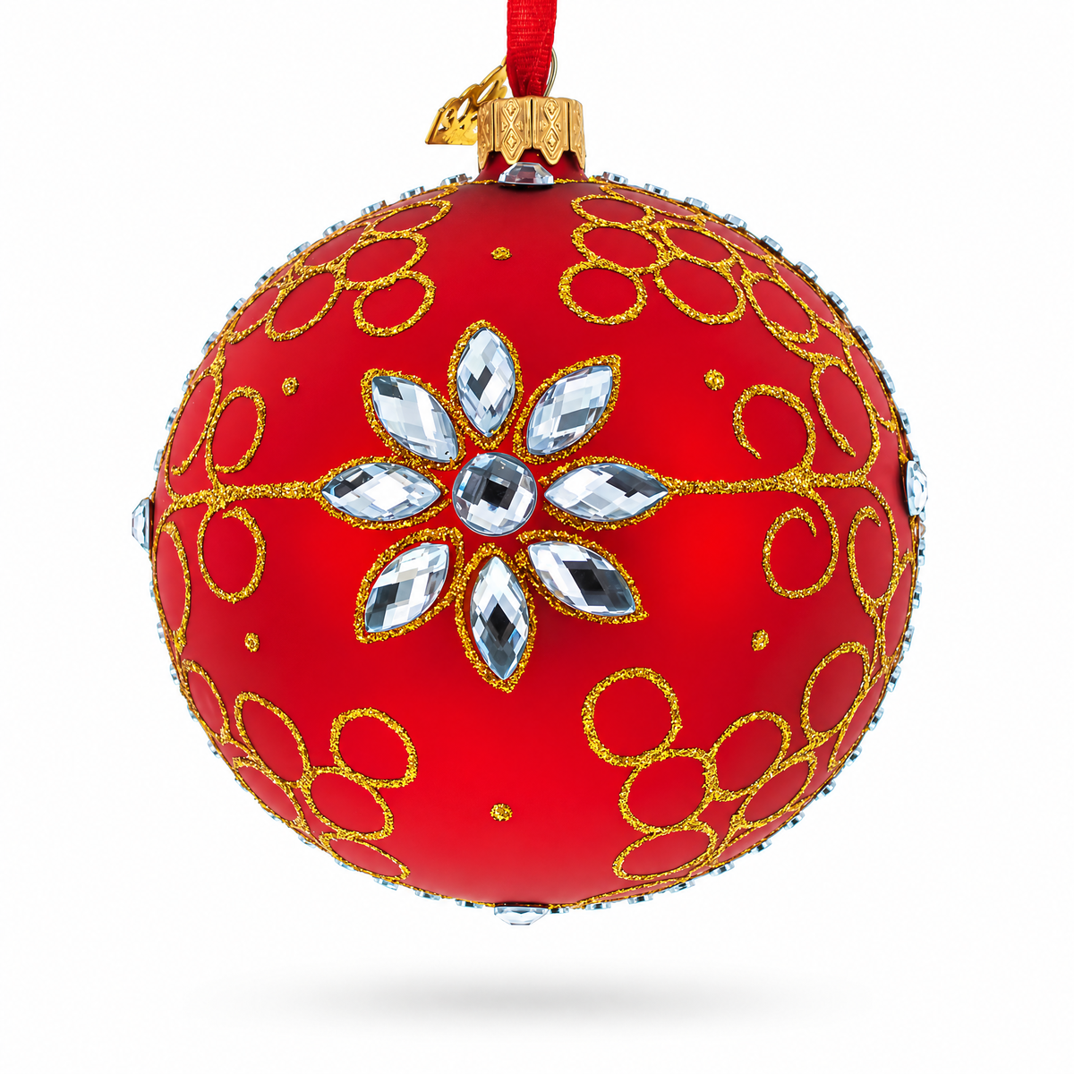 White Jewels on Red Glass Ball Christmas Ornament