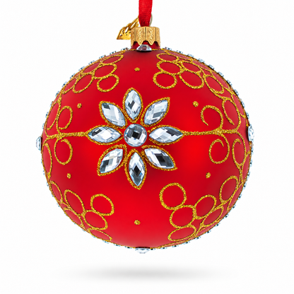 White Jewels on Red Glass Ball Christmas Ornament
