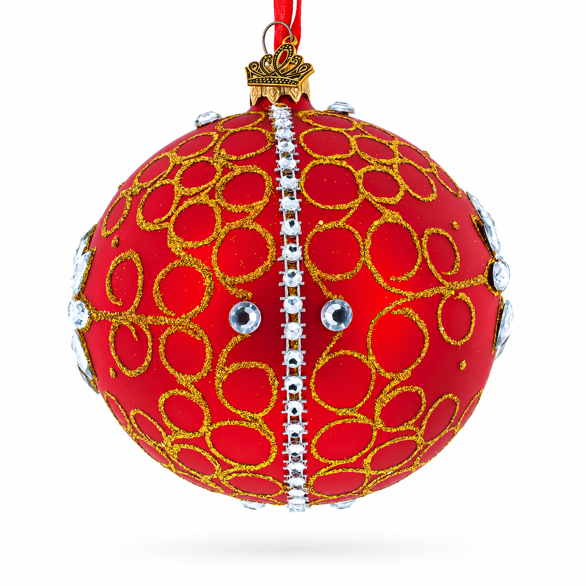White Jewels on Red Glass Ball Christmas Ornament