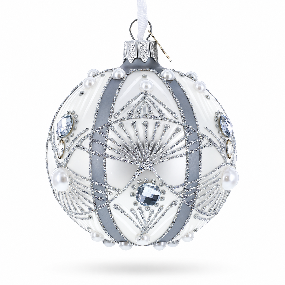 White Jewels on Silver Glass Ball Christmas Ornament