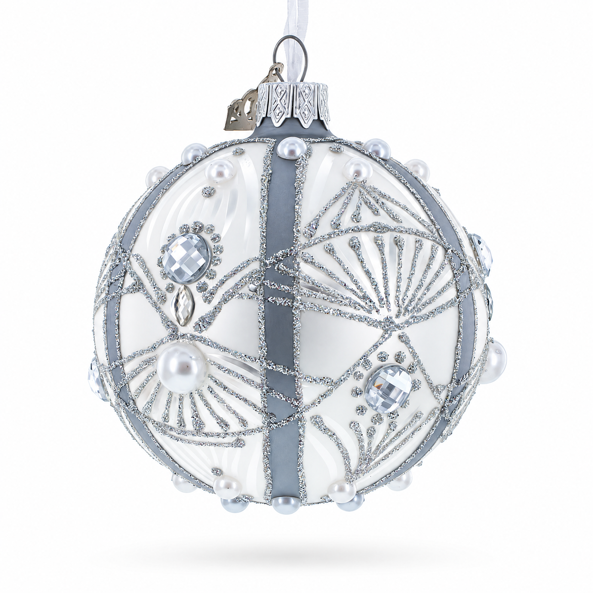 White Jewels on Silver Glass Ball Christmas Ornament
