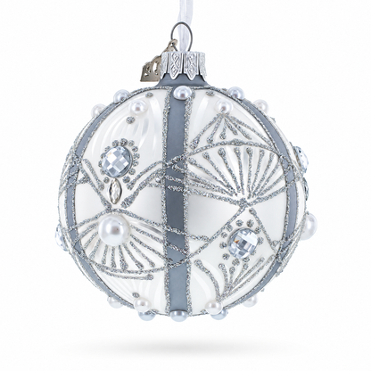 White Jewels on Silver Glass Ball Christmas Ornament