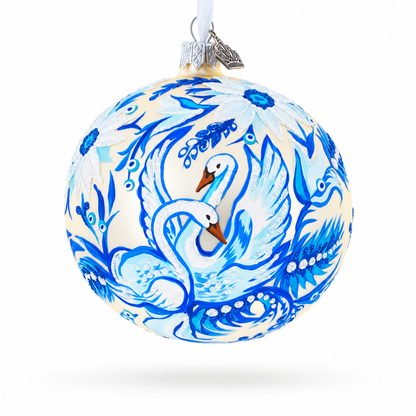Swans in Daisies Garden Glass Ball Ornament