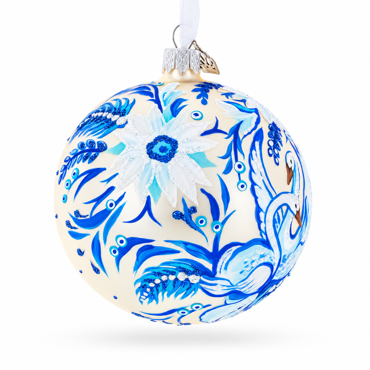 Swans in Daisies Garden Glass Ball Ornament
