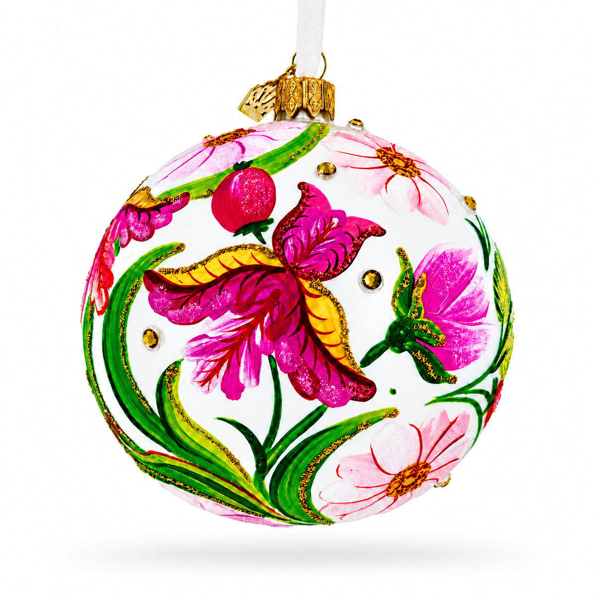 Irises and Cosmeya Flowers Glass Ball Ornament