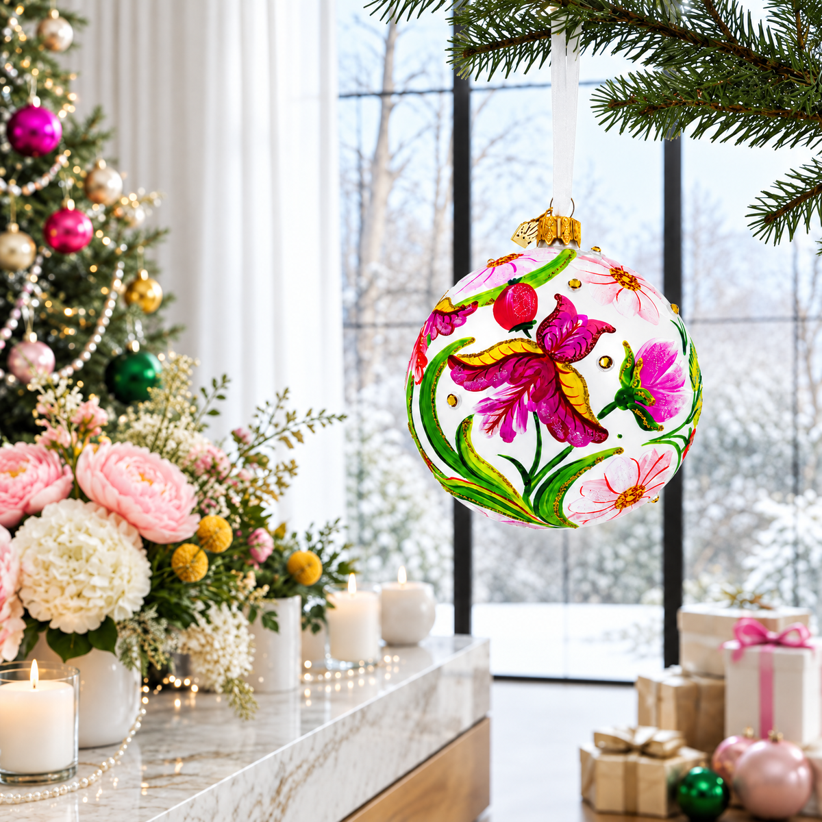 Irises and Cosmeya Flowers Glass Ball Ornament