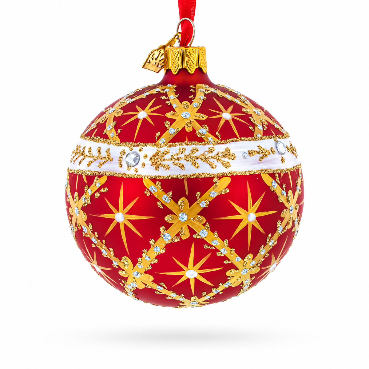 Diamond Trellis on Red Glass Ball Christmas Ornament 3.25 Inches