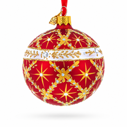 Diamond Trellis on Red Glass Ball Christmas Ornament 3.25 Inches