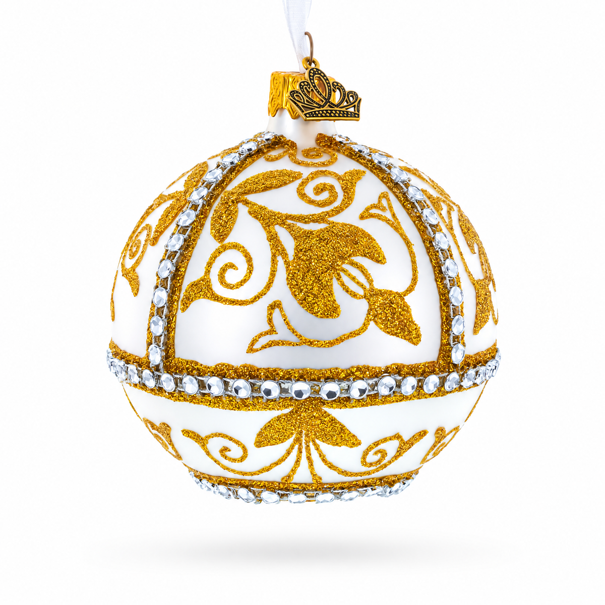 Jeweled Golden Chandelier on Silver Glass Ball Christmas Ornament 3.25 Inches