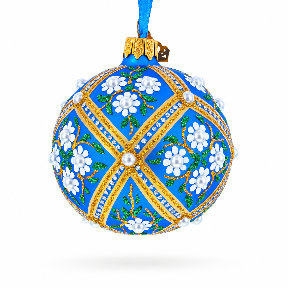 White Flowers on Blue Glass Ball Christmas Ornament 3.25 Inches