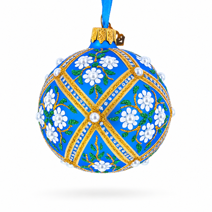 White Flowers on Blue Glass Ball Christmas Ornament 3.25 Inches
