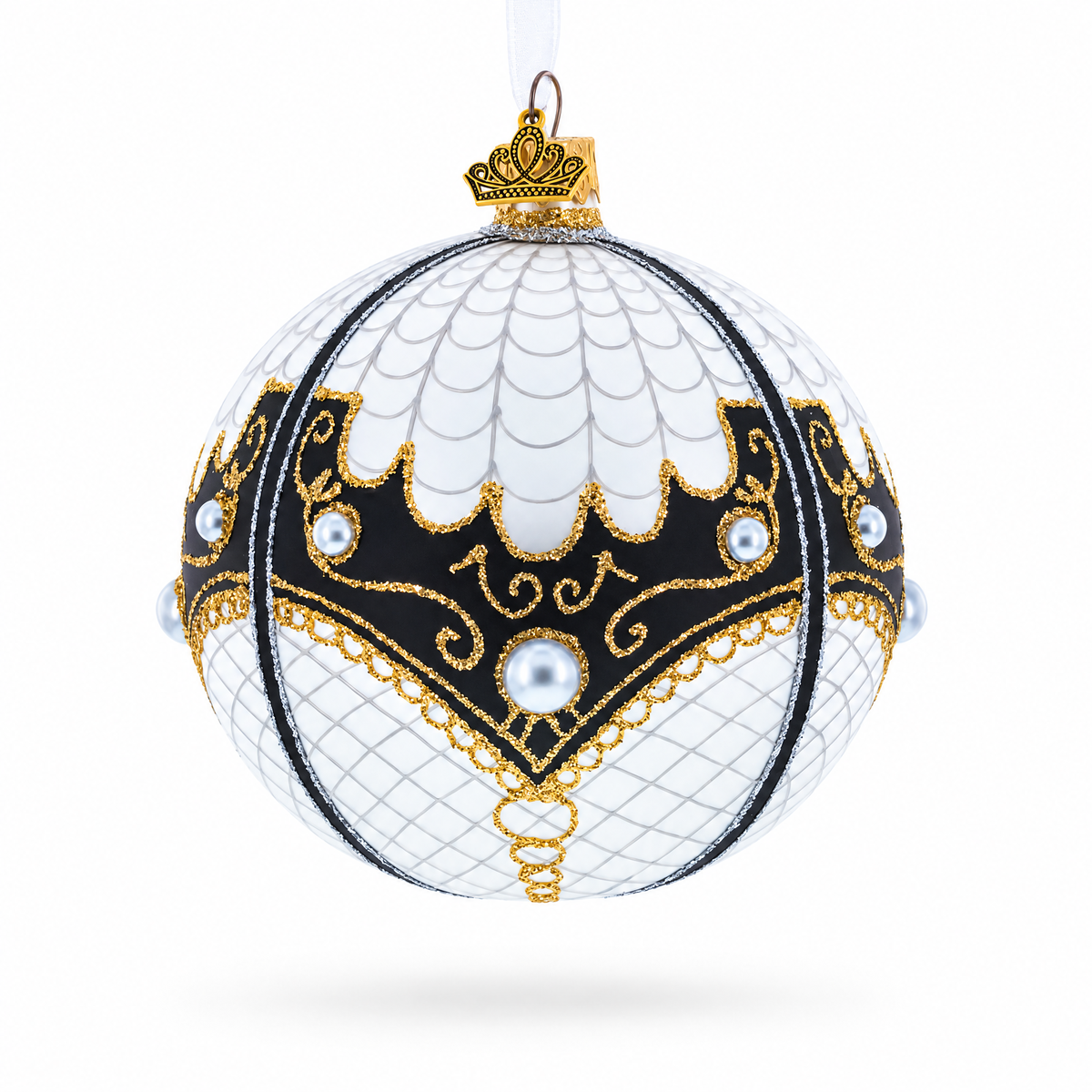 Mother Of Pearl on White Glass Ball Christmas Ornament 4 Inches