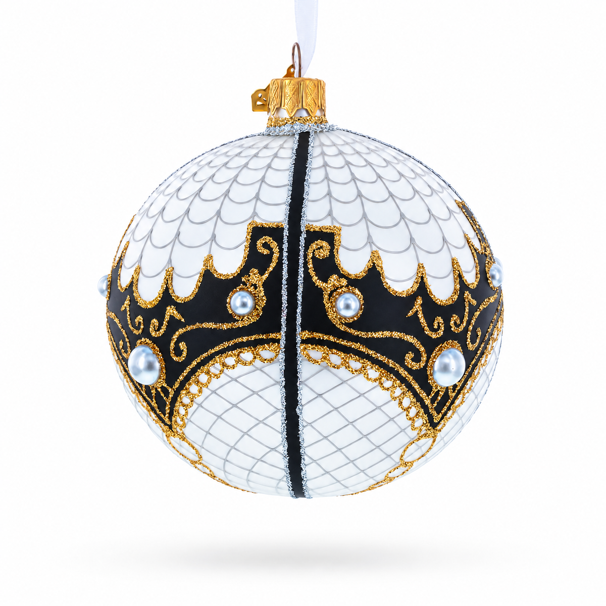 Mother Of Pearl on White Glass Ball Christmas Ornament 4 Inches