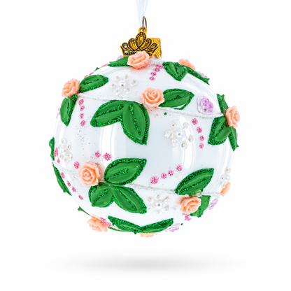 3D Roses in Silver Spiral Glass Ball Christmas Ornament 3.25 Inches
