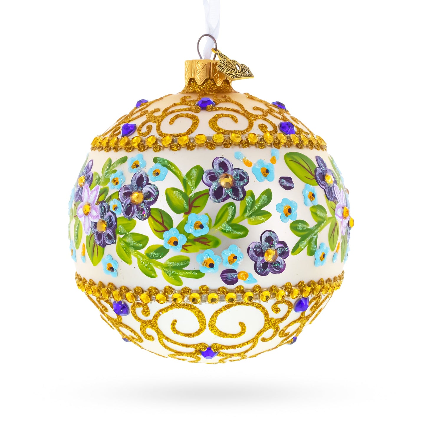Flowers Swirl Glass Ball Christmas Ornament 4 Inches